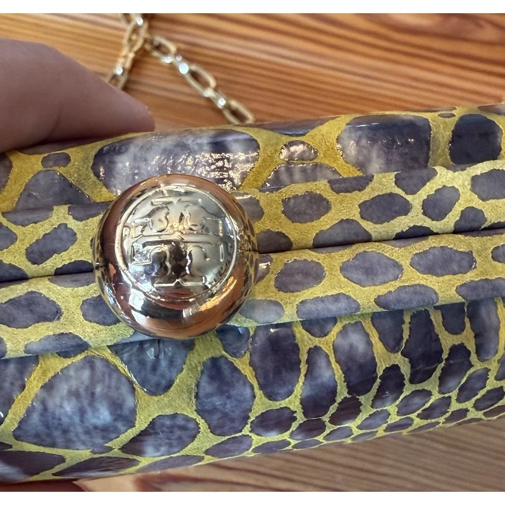 Tory Burch Handbag RARE Clutch Yellow Hard-side Leather Animal Print Chain Strap
